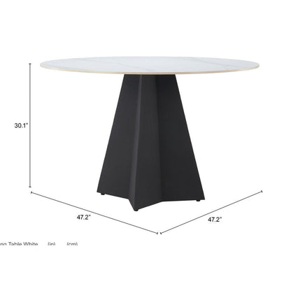 48" White and Black Sintered Stone and Steel Pedestal Base Round Dining Table HomeRoots