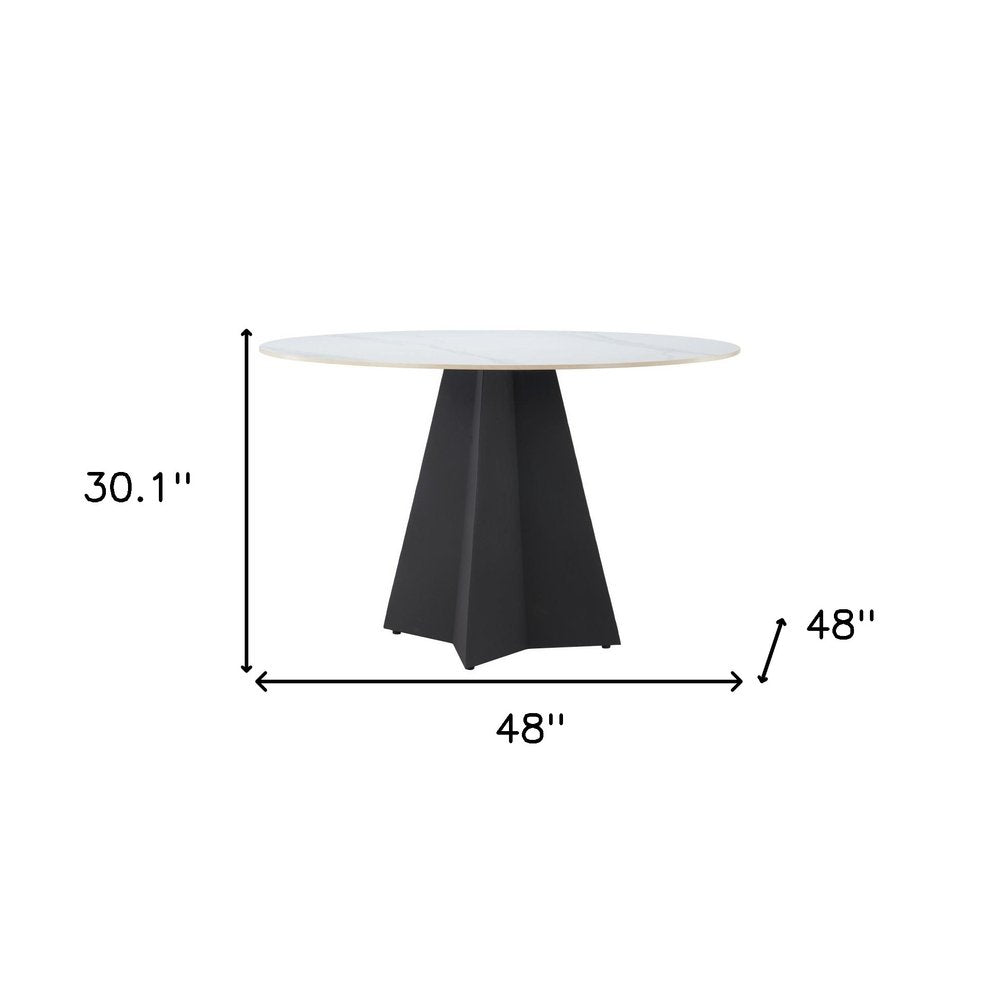 48" White and Black Sintered Stone and Steel Pedestal Base Round Dining Table HomeRoots