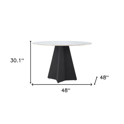 48" White and Black Sintered Stone and Steel Pedestal Base Round Dining Table HomeRoots