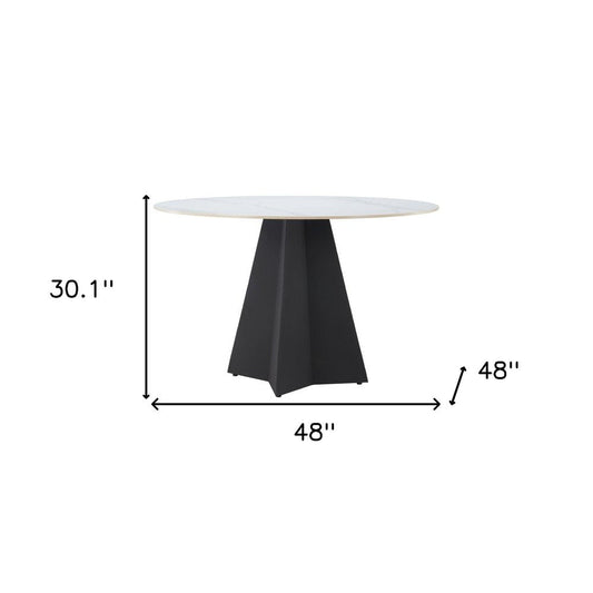 48" White and Black Sintered Stone and Steel Pedestal Base Round Dining Table HomeRoots