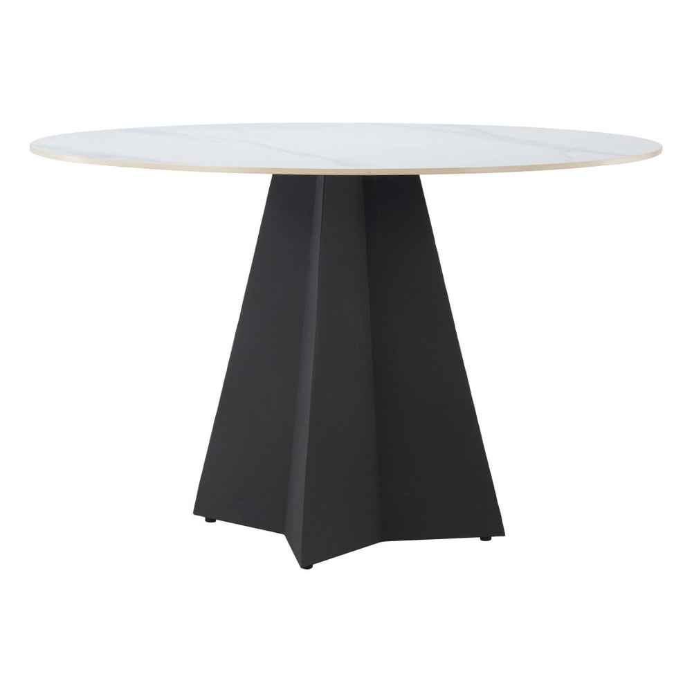 48" White and Black Sintered Stone and Steel Pedestal Base Round Dining Table HomeRoots