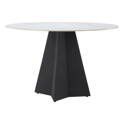 48" White and Black Sintered Stone and Steel Pedestal Base Round Dining Table HomeRoots