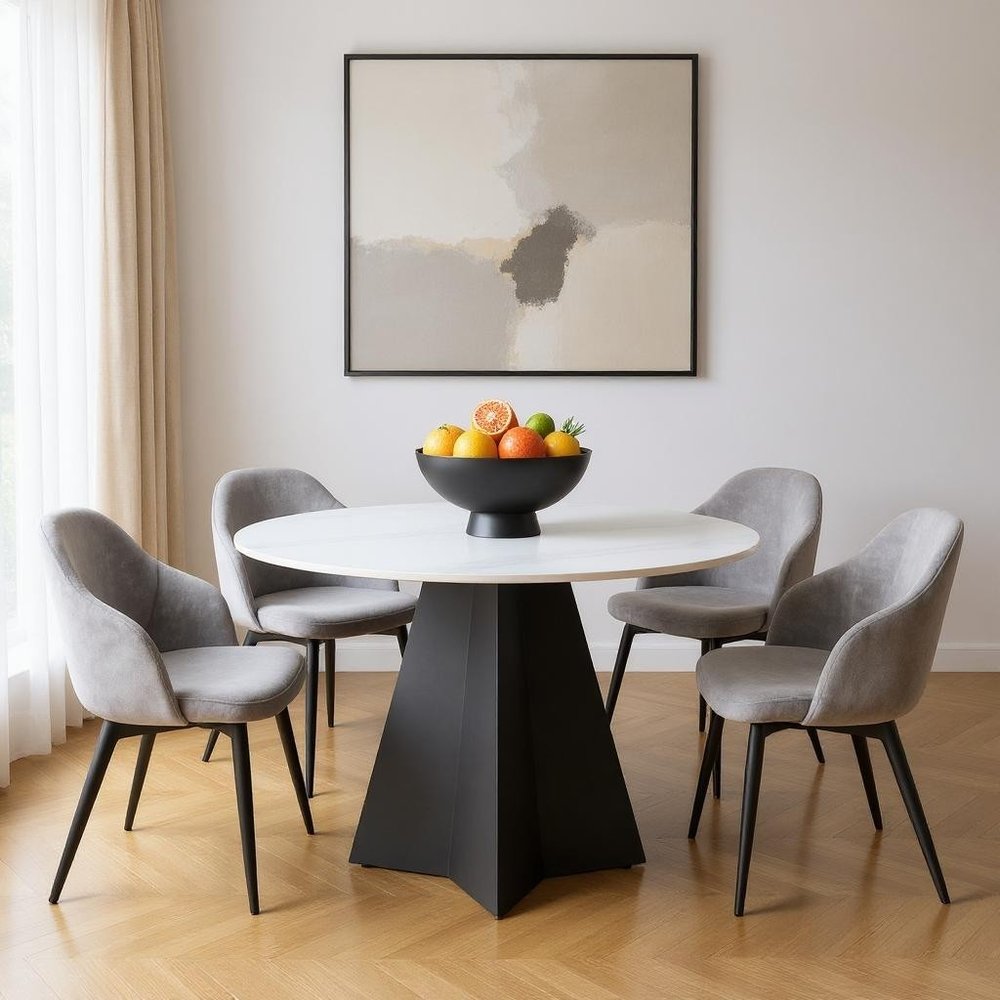 48" White and Black Sintered Stone and Steel Pedestal Base Round Dining Table HomeRoots