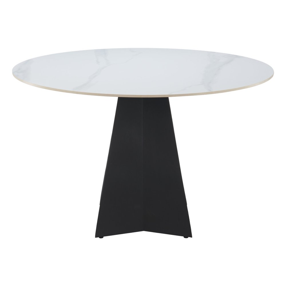 48" White and Black Sintered Stone and Steel Pedestal Base Round Dining Table HomeRoots