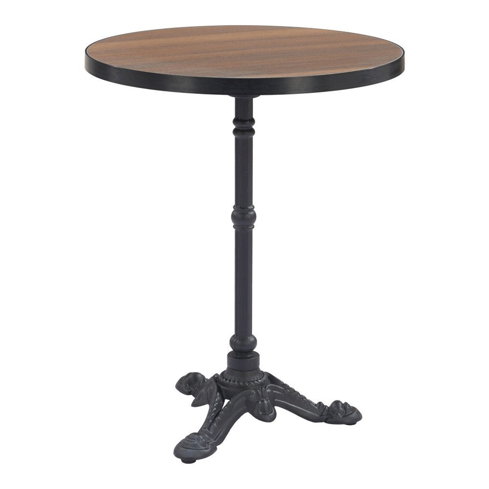 24" Walnut and Black Wood And Aluminum Indoor Outdoor Pedestal Base Round Top Dining Table HomeRoots
