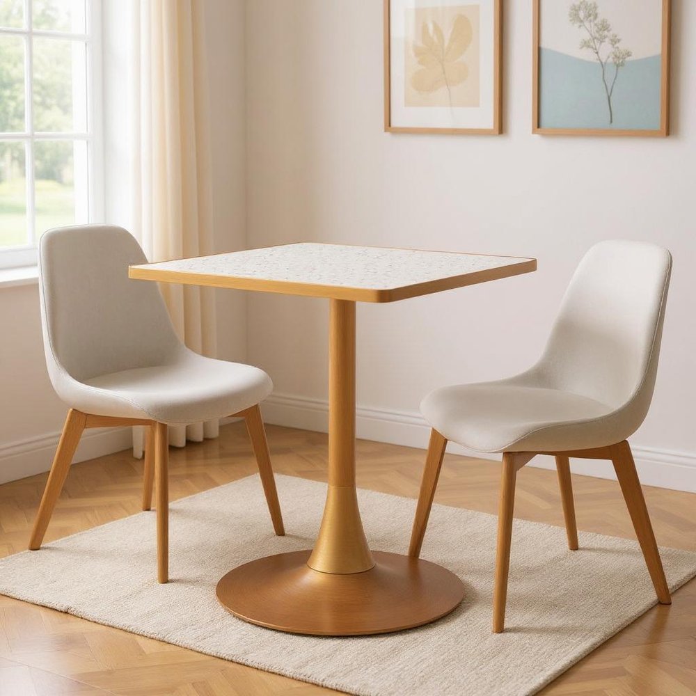 24" Beige and Gold Wood and Steel Pedestal Base Square Dining Table HomeRoots