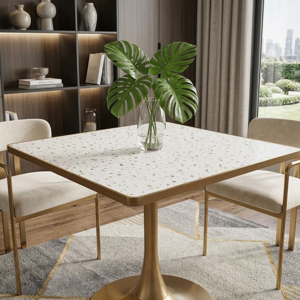 24" Beige and Gold Wood and Steel Pedestal Base Square Dining Table HomeRoots