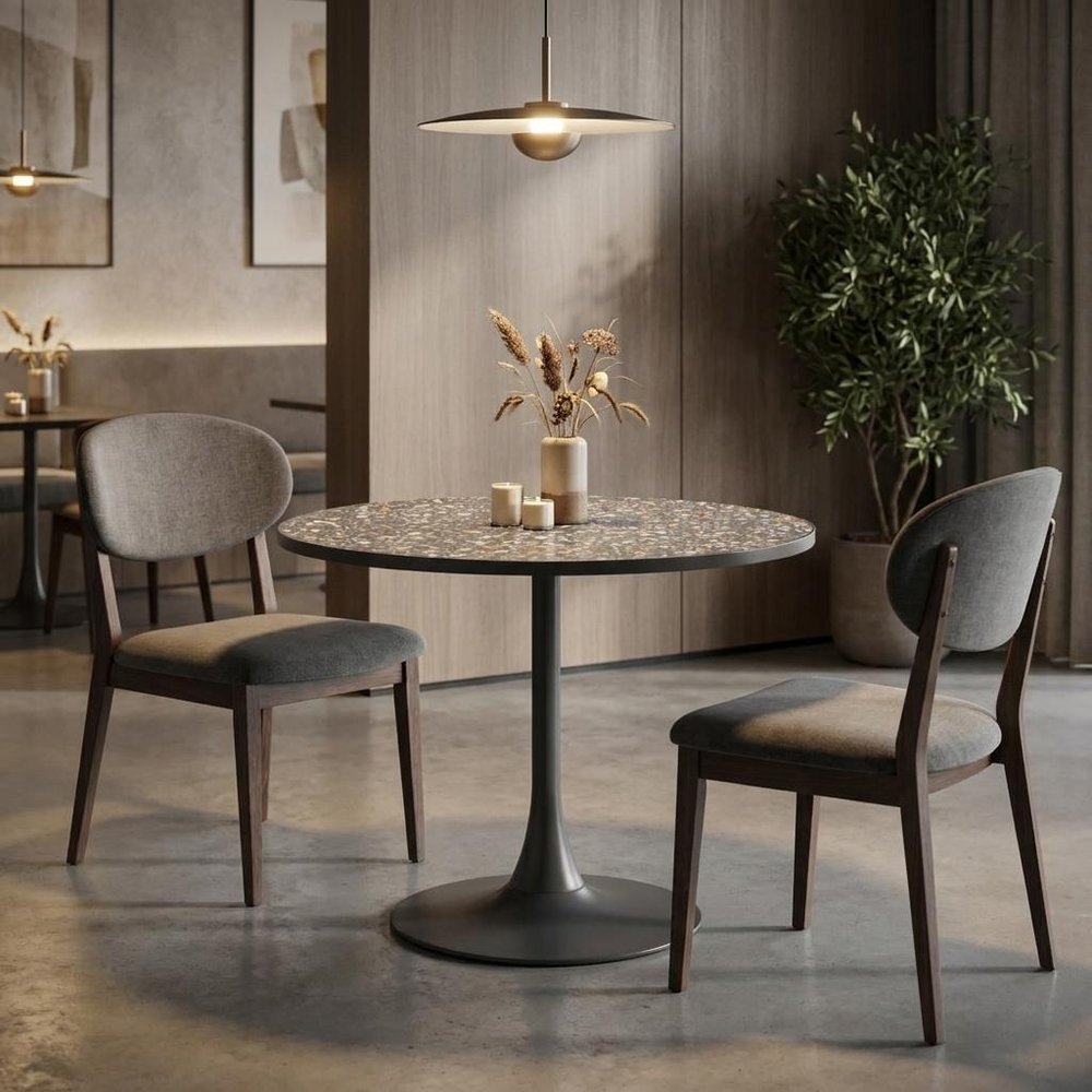 24" Black and Bronze Wood and Steel Pedestal Base Round Top Dining Table HomeRoots