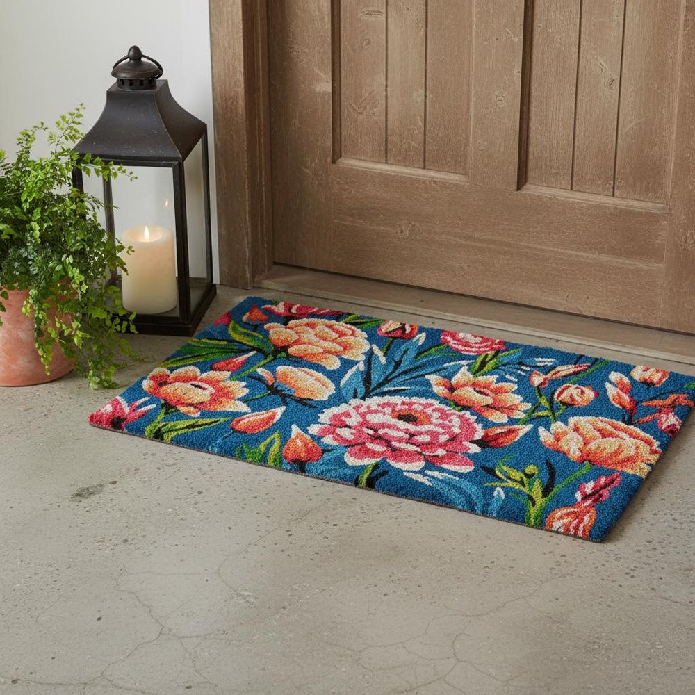 18" X 30" Blue and Pink Coir Floral Outdoor Door Mat — view 6