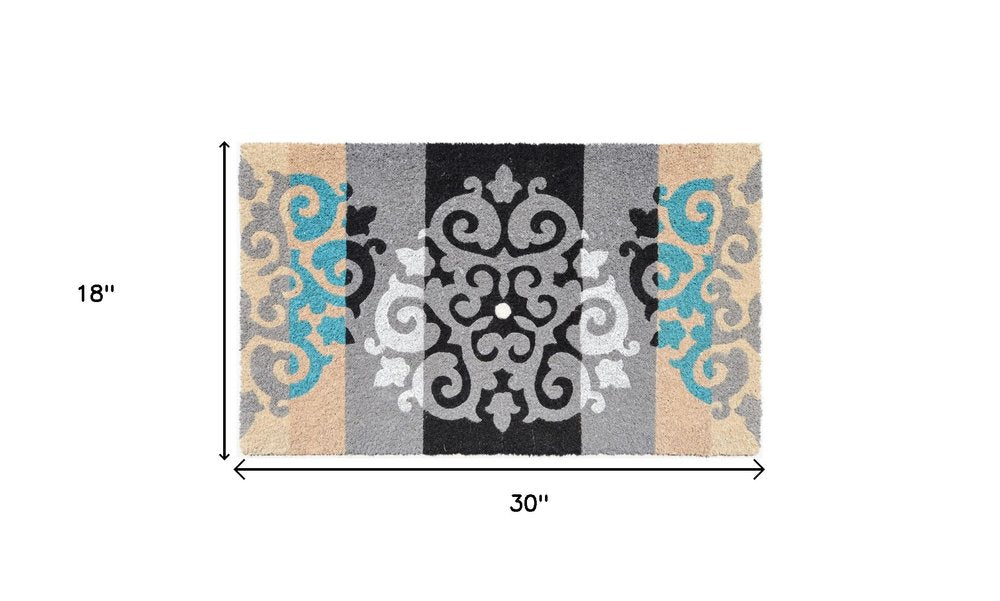 18" X 30" Beige and White Coir Damask Outdoor Door Mat — view 2