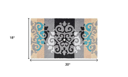 18" X 30" Beige and White Coir Damask Outdoor Door Mat