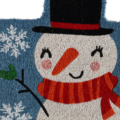 18" X 30" Blue and White Coir Snowman Outdoor Winter Door Mat