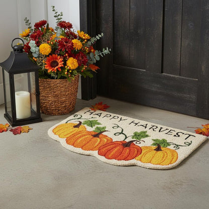18" X 30" Beige and Orange Coir Pumpkins and Leaves Outdoor Thanksgiving Door Mat