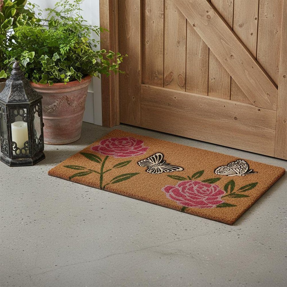 18" X 30" Beige and Pink Coir Floral Outdoor Door Mat — view 6