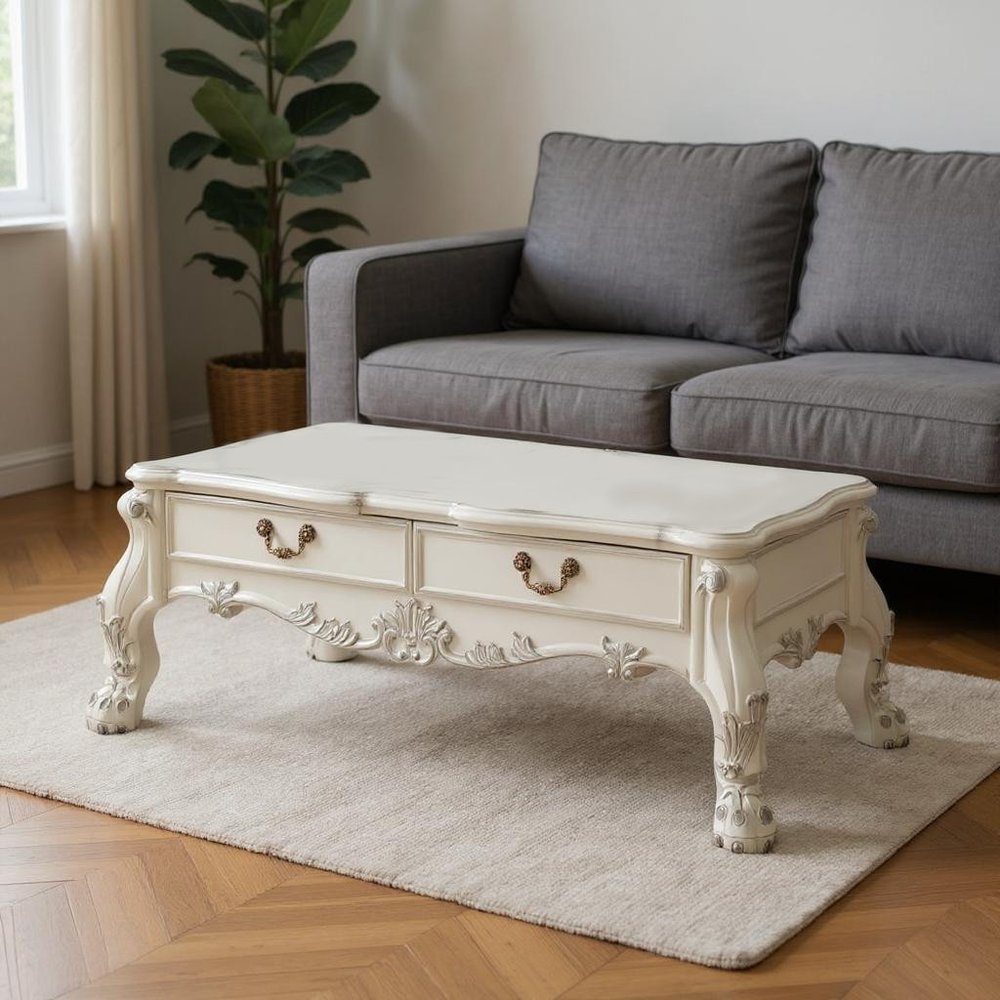 57" Bone Wood Coffee Table With Two Drawers HomeRoots