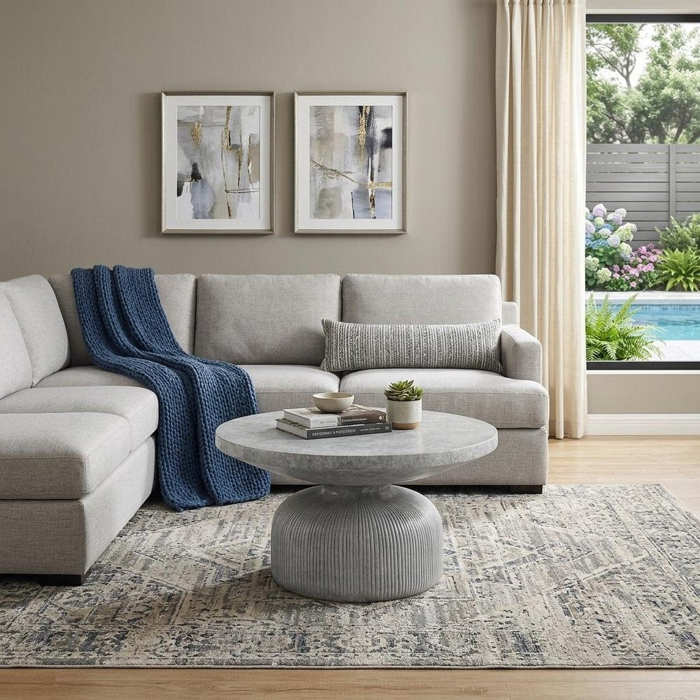 30" Gray Cement Round Pedestal Coffee Table HomeRoots