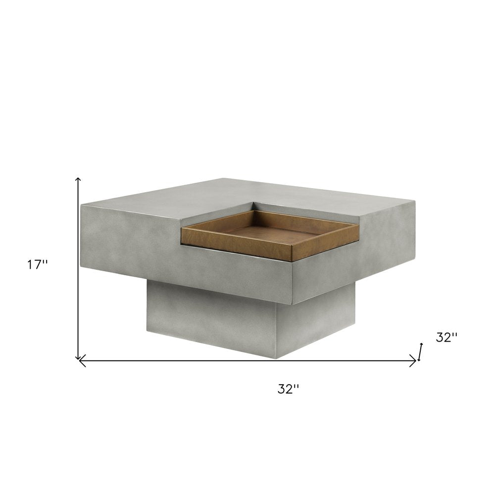 32" Gray Cement Square Distressed Pedestal Coffee Table HomeRoots