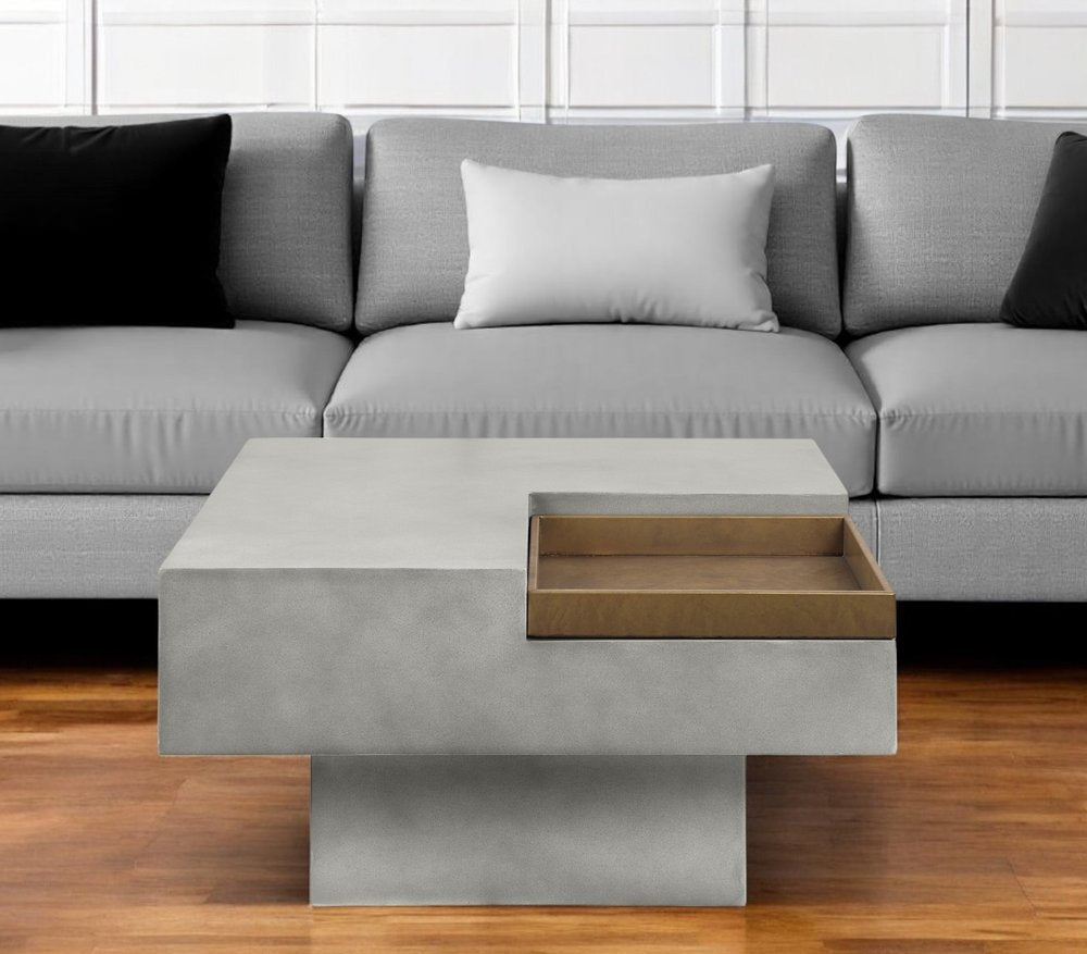 32" Gray Cement Square Distressed Pedestal Coffee Table HomeRoots