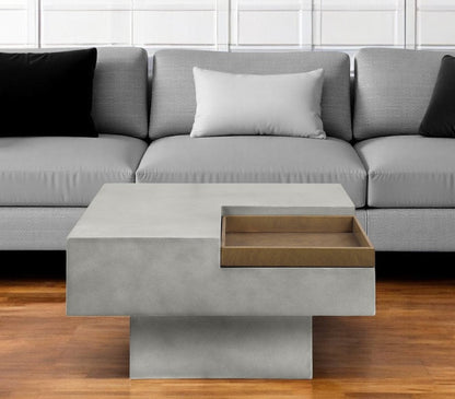 32" Gray Cement Square Distressed Pedestal Coffee Table HomeRoots