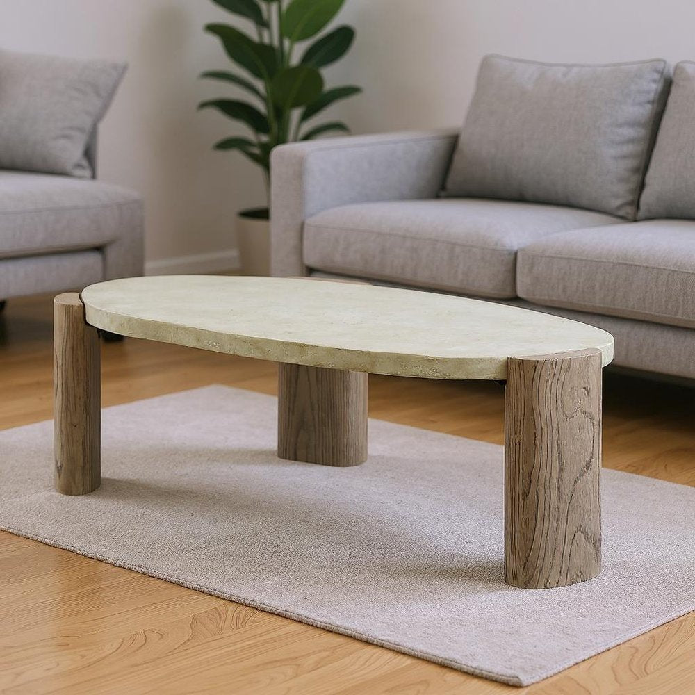 47" Beige and Oak Distressed Cement Oval Coffee Table HomeRoots
