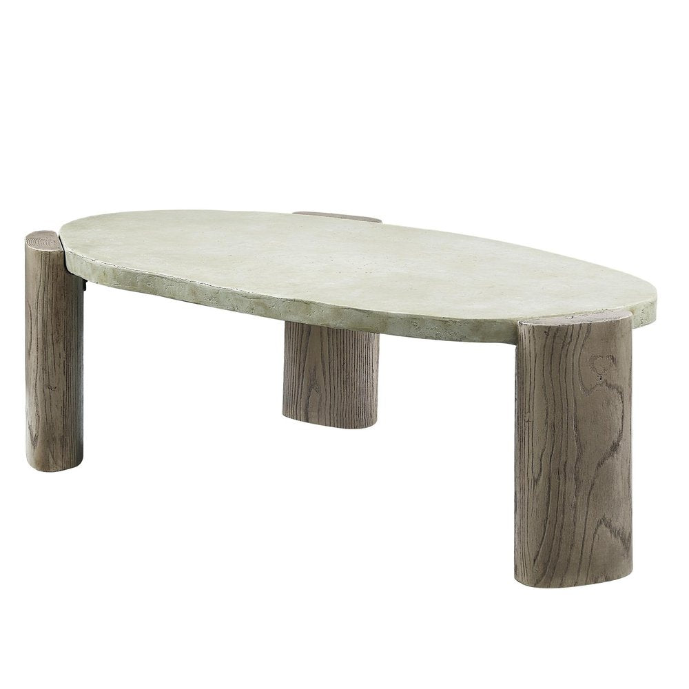 47" Beige and Oak Distressed Cement Oval Coffee Table HomeRoots