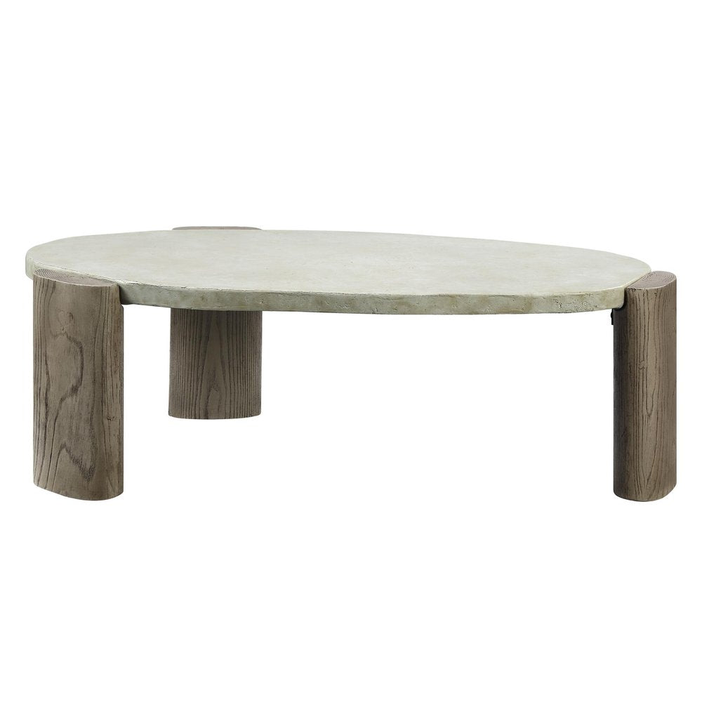 47" Beige and Oak Distressed Cement Oval Coffee Table HomeRoots