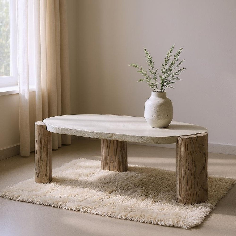 47" Beige and Oak Distressed Cement Oval Coffee Table HomeRoots