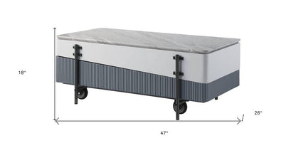 47" Gray White and Black Faux Marble Wood and Steel Lift Top Coffee Table HomeRoots