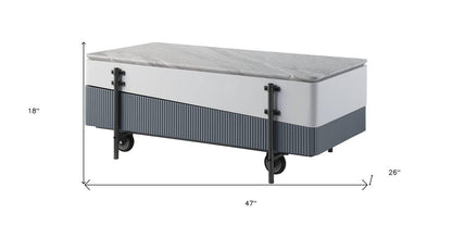 47" Gray White and Black Faux Marble Wood and Steel Lift Top Coffee Table HomeRoots