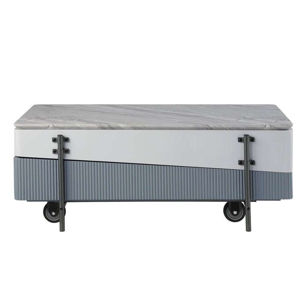 47" Gray White and Black Faux Marble Wood and Steel Lift Top Coffee Table HomeRoots