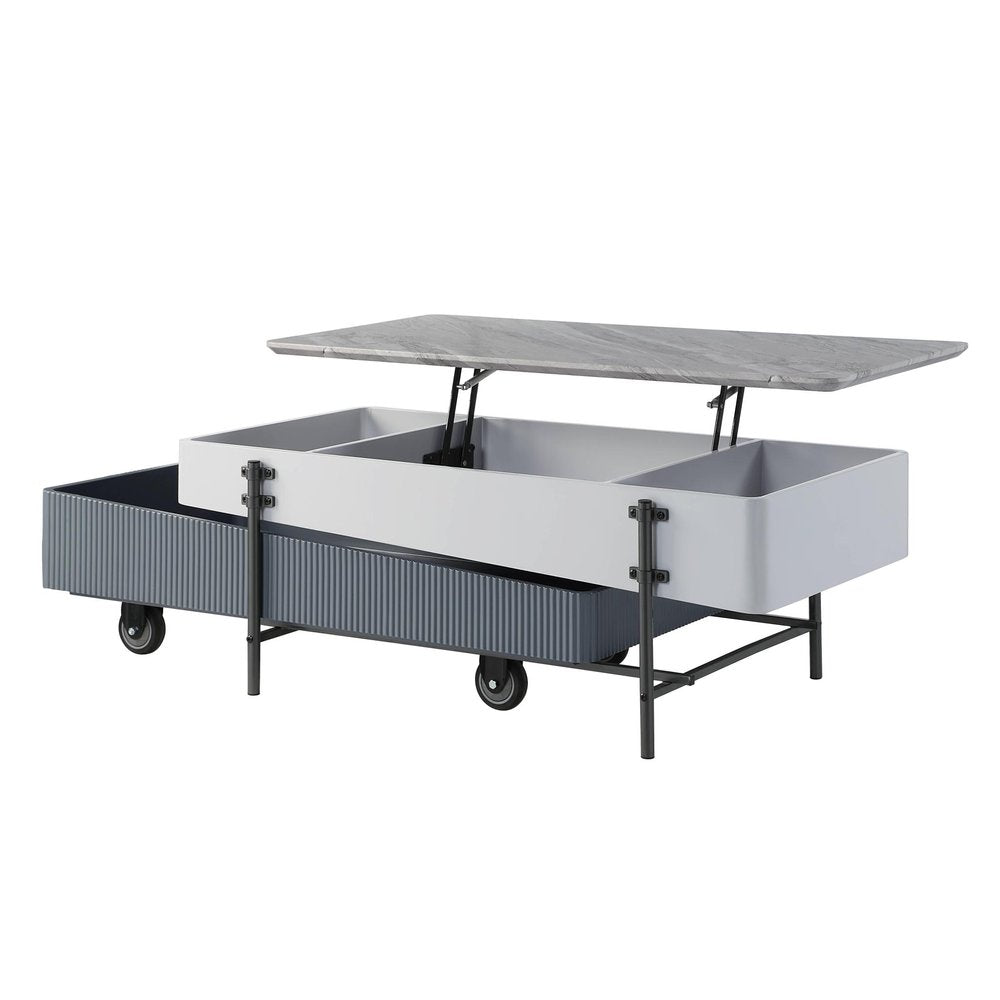47" Gray White and Black Faux Marble Wood and Steel Lift Top Coffee Table HomeRoots
