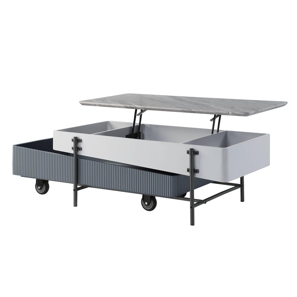 47" Gray White and Black Faux Marble Wood and Steel Lift Top Coffee Table HomeRoots