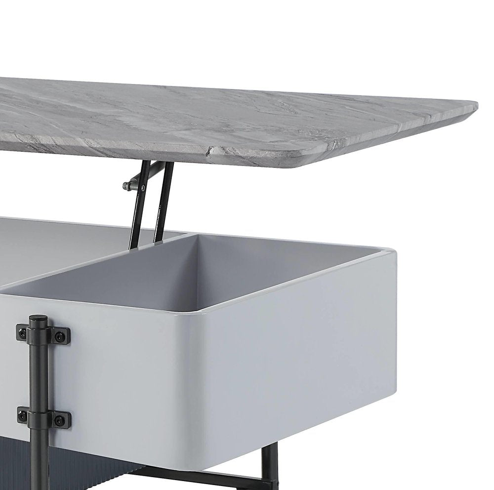 47" Gray White and Black Faux Marble Wood and Steel Lift Top Coffee Table HomeRoots