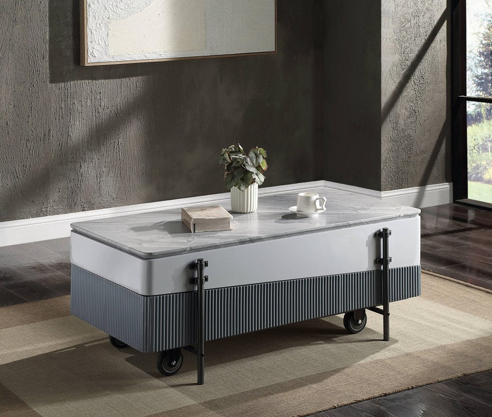 47" Gray White and Black Faux Marble Wood and Steel Lift Top Coffee Table HomeRoots