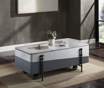 47" Gray White and Black Faux Marble Wood and Steel Lift Top Coffee Table HomeRoots