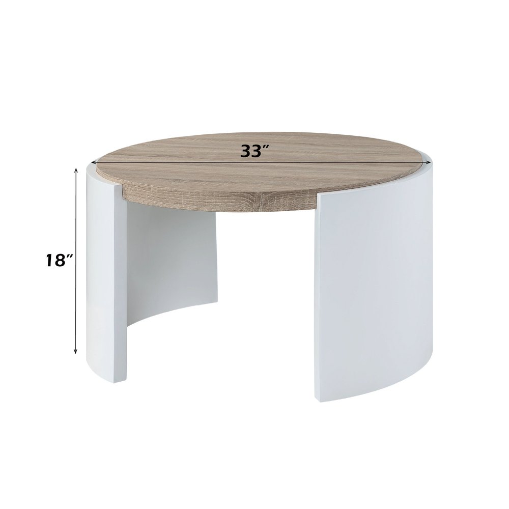 33" Oak and White Wood Round Partial Frame Coffee Table HomeRoots