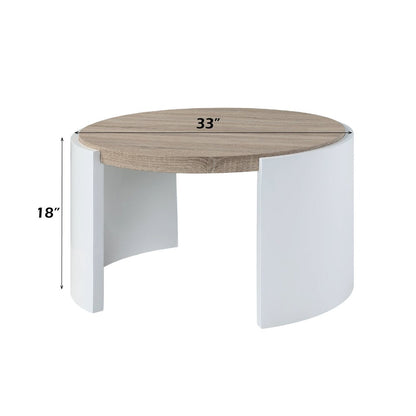 33" Oak and White Wood Round Partial Frame Coffee Table HomeRoots