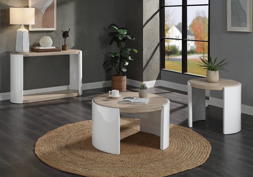 33" Oak and White Wood Round Partial Frame Coffee Table HomeRoots