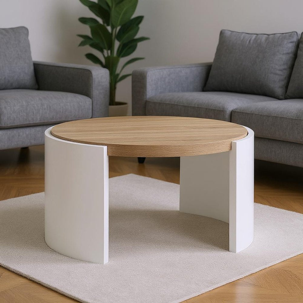 33" Oak and White Wood Round Partial Frame Coffee Table HomeRoots