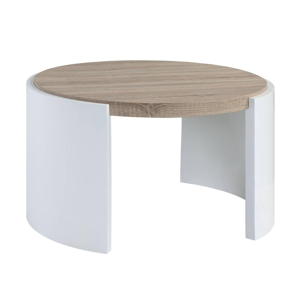 33" Oak and White Wood Round Partial Frame Coffee Table — view 1