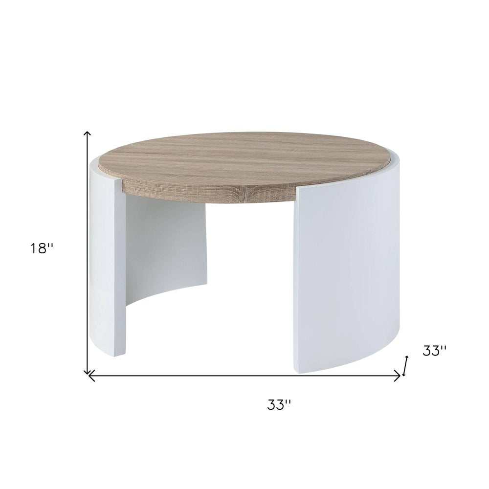 33" Oak and White Wood Round Partial Frame Coffee Table HomeRoots