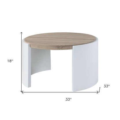 33" Oak and White Wood Round Partial Frame Coffee Table HomeRoots