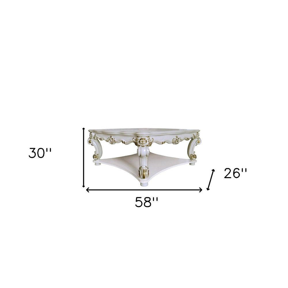 58" Ivory and Gold Wood Square Coffee Table With Shelf HomeRoots