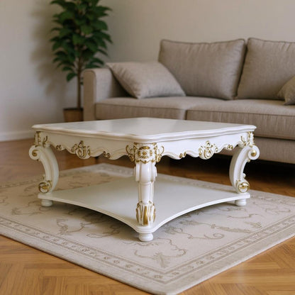 58" Ivory and Gold Wood Square Coffee Table With Shelf HomeRoots