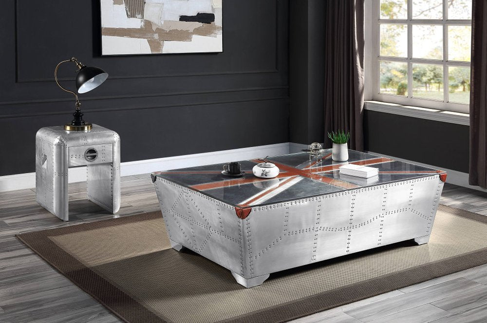 64" Silver Navy Blue And Red Union Jack Aviator Coffee Table HomeRoots