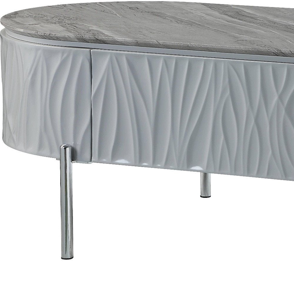47" Gray Wood and Steel Oval Coffee Table With Drawer HomeRoots