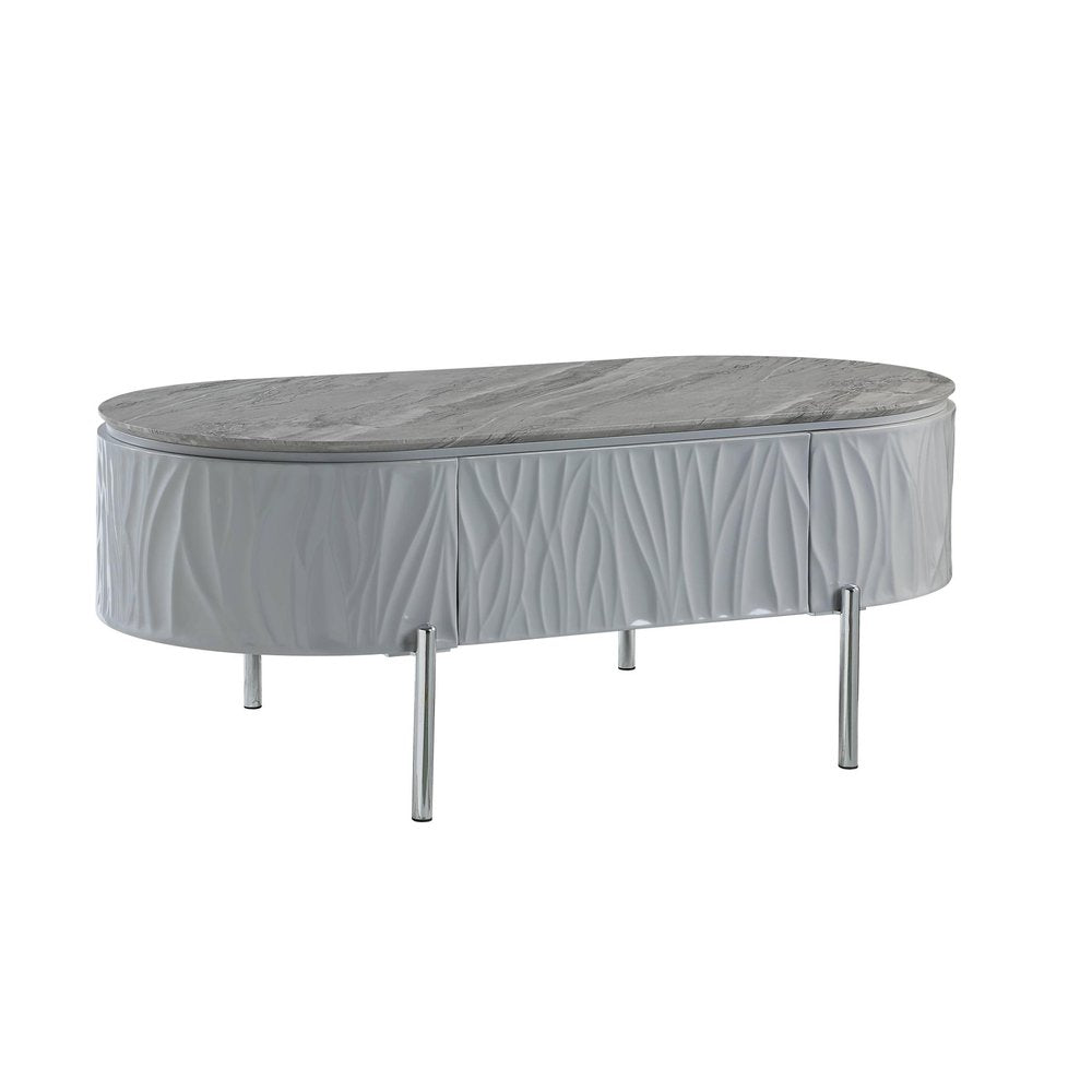 47" Gray Wood and Steel Oval Coffee Table With Drawer HomeRoots