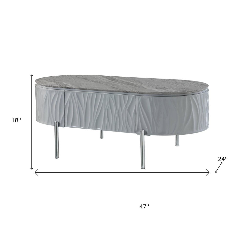 47" Gray Wood and Steel Oval Coffee Table With Drawer HomeRoots