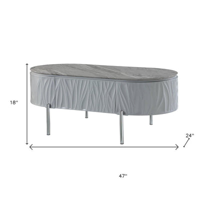 47" Gray Wood and Steel Oval Coffee Table With Drawer HomeRoots