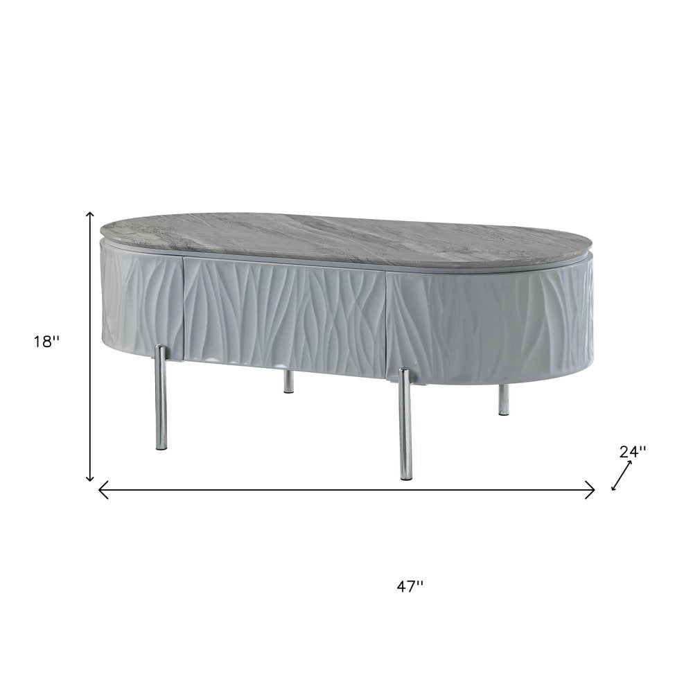 47" Gray Wood and Steel Oval Coffee Table With Drawer HomeRoots